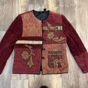Julia K Designer Patchwork Tapestry Artisan Jacket Women's Petite Sm Jewel Tone